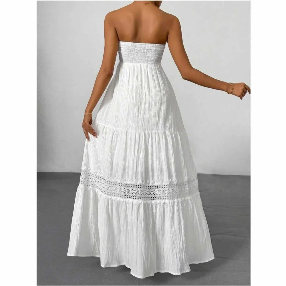 White Strapless Boho Embroidered A-Line Dress Holiday Wedding Romantic Festival - Picture 5 of 12